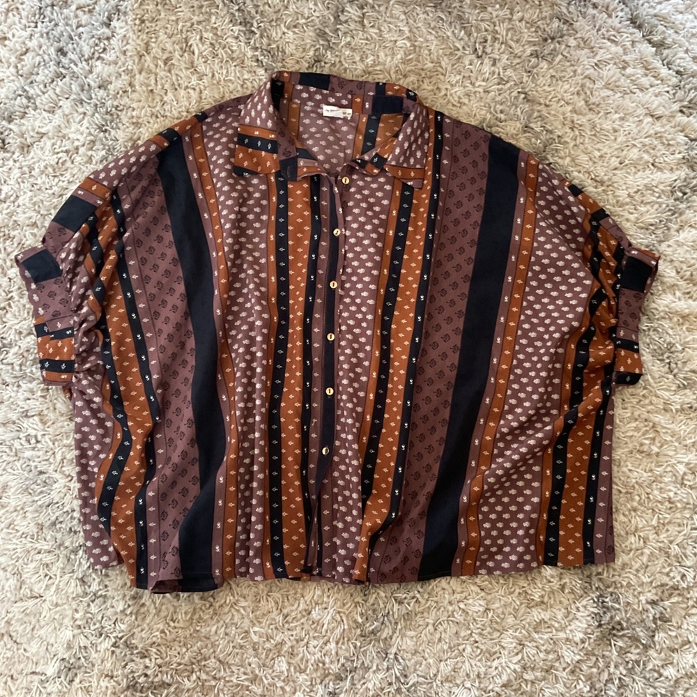 ee:some Women Mauve Rust Floral Striped Button Down Cropped Boxy Shirt Large